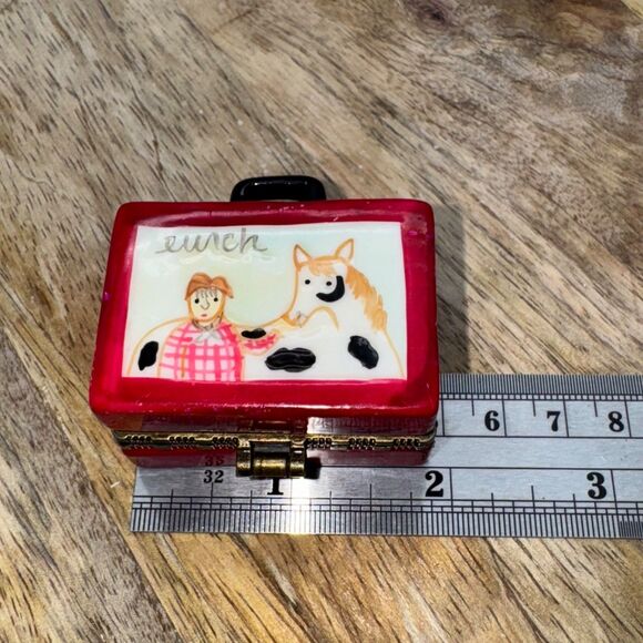 Porcelain Hinged Trinket Lunch Box Cowboy & Horse With Cookie Miniature Red Cute - Picture 8 of 9
